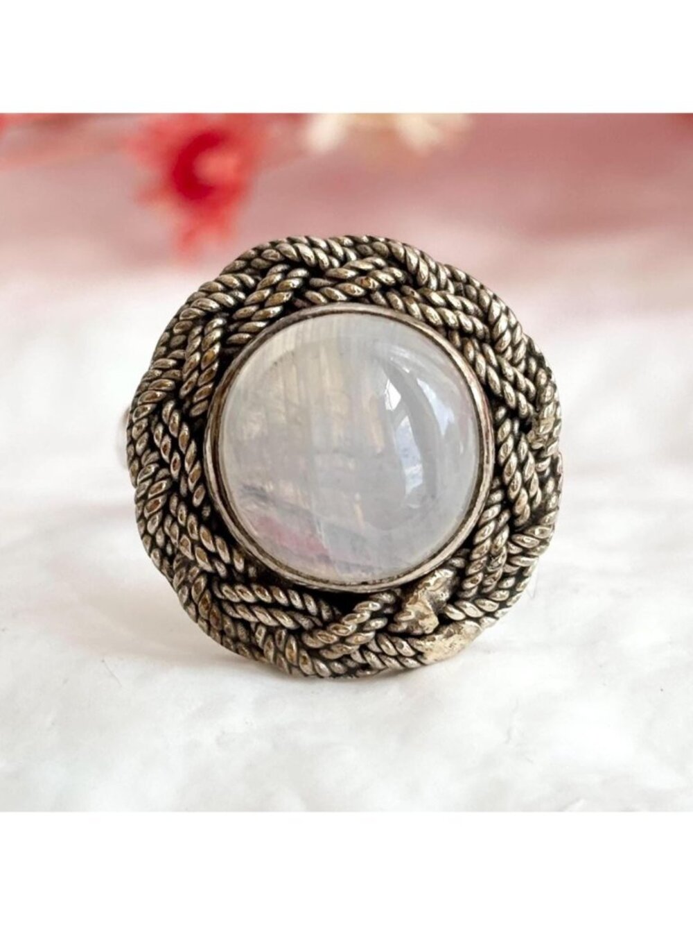 Round Moonstone Southwest Style Braided Sterling Silver 925 Vintage Ring - sz 7
